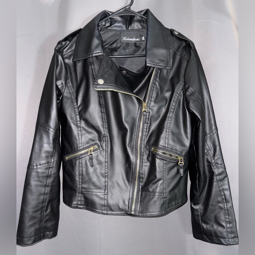 keleierfushi black faux leather jacket